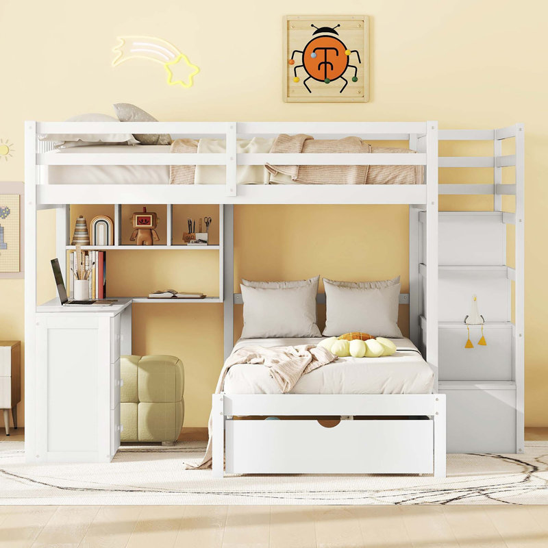 Lit superposé avec bureau, tiroirs et tablettes, Blanc