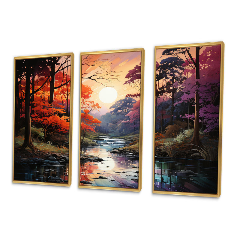 River Though Forest Sunrise II - Ensemble de décoration murale sur le thème de la forêt, Cadre flottant doré
