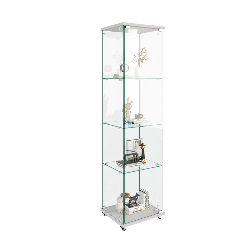Modern Glass Display Cabinet with LED lights, Quick-assembly Antique Cabinet, Tempered Glass Bookshelf, Suitable for Living Room and Bedrooms, 1-door 4-shelf