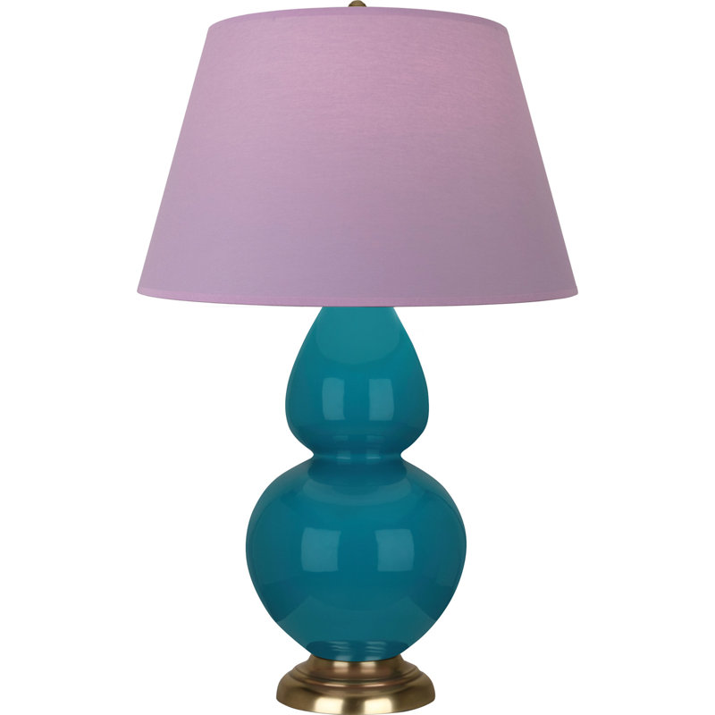 Lampe de table double gourde en céramique, Bleu marine/gris, Paon verni / laiton, Laiton