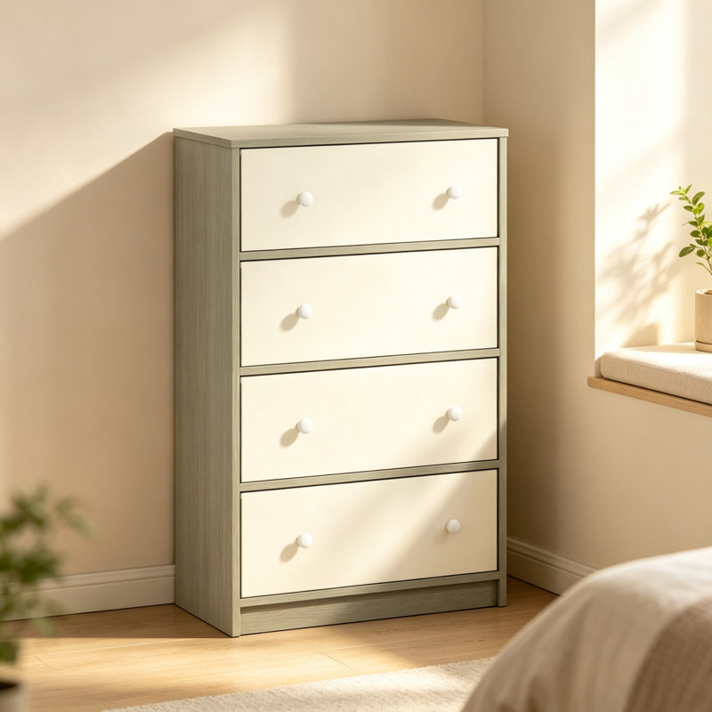 White & Grey Chest of Drawers, 4 Fabric Drawer Bedroom Storage Dresser Unit