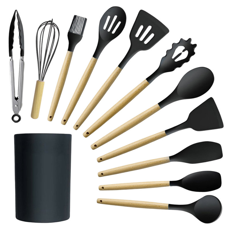 Ensemble d'ustensiles de cuisine en silicone avec poignées en bois antidérapantes et support de rangement, Noir