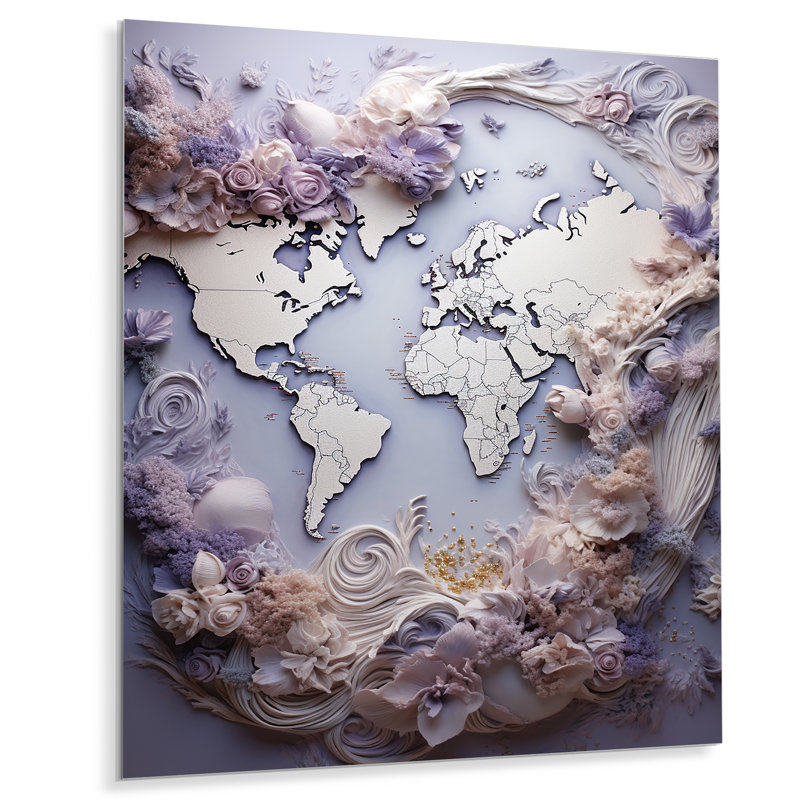 «Carte du monde lavande éthérée» sur métal, H 32 po x l 24 po x P 1 po