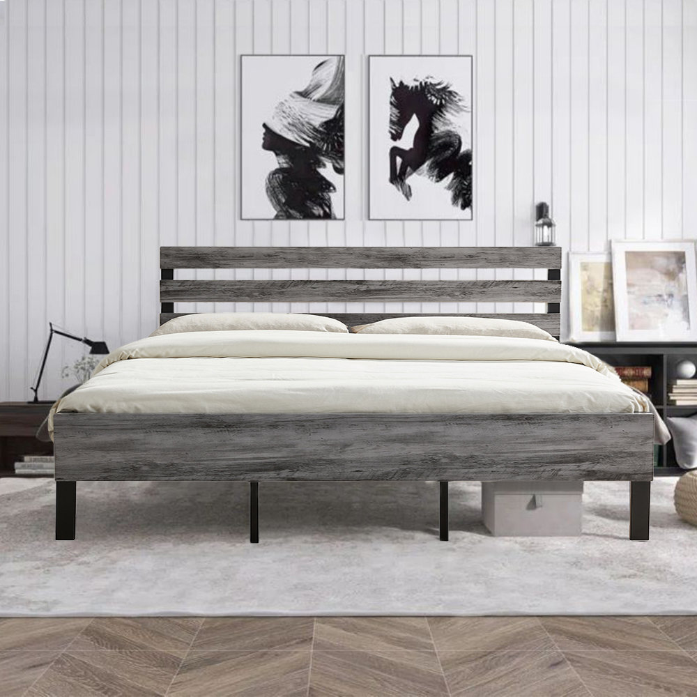 Metal Platform Queen Bed Frame with Wood Headboard and Footboard No Box Spring Needed Easy Assembly