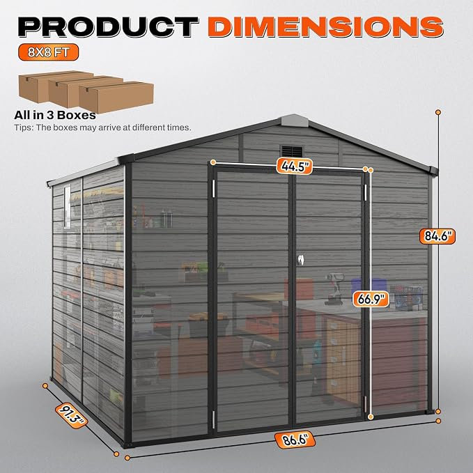 8x8 FT Resin Storage Shed with Floor, Outdoor Plastic Storage Shed with Lockable Door & Window, Utility Shed for Garden Tools, Bike Accessories, Lawn Mower