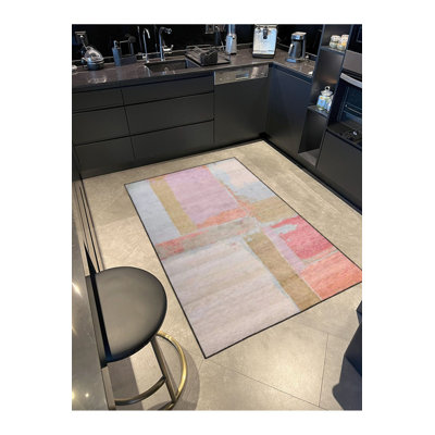 Tapis rose tissé à motif géométrique moderne lavable à la machine