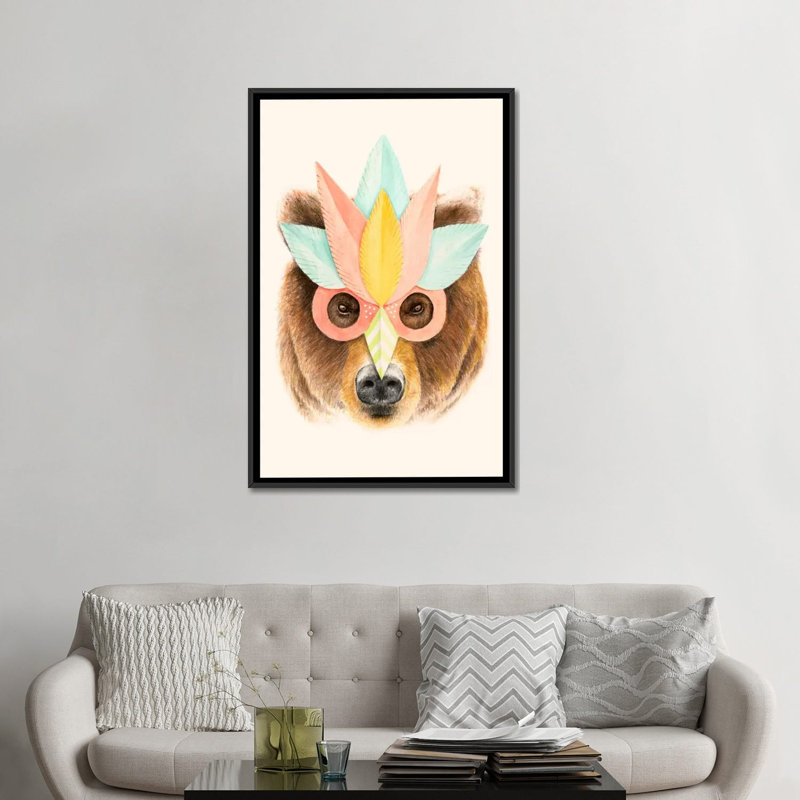 « bear paper mask », impression sur toile, H 26 po x l 18 po x P 1,5 po, Toile avec cadre noir, Pas de tapis