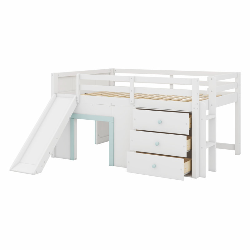 Lit mezzanine bas avec glissade, trois tiroirs de rangement et deux portes