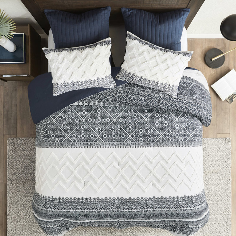 Édredon pour lit double / grand 3 pièces. Capitonnage en coton chenille. Imprimé bleu marine. Remplir. Et 2 taies décoratives. Magnifique literie en chenille lavable à la machine. Chaud assorti