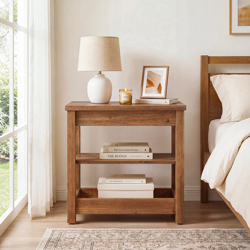 Solid Wood End Table with 3-Tier Storage, Dark Brown