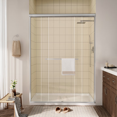 Porte de douche coulissante encadrée en noir mat avec verre transparent