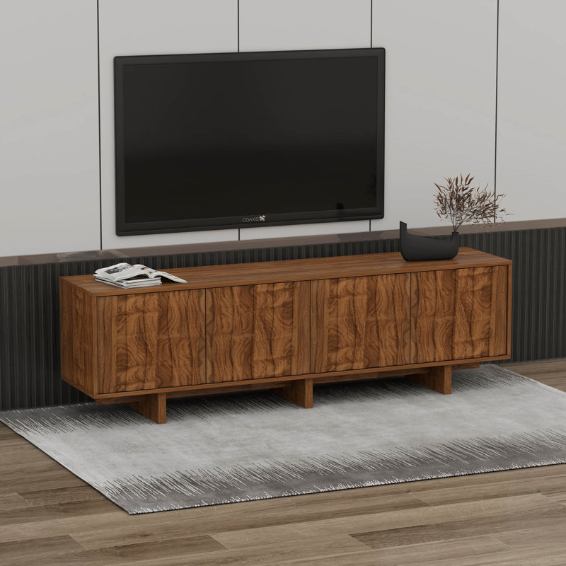 Retro Wood Grain TV Stand, Wavy Door Media Console With Dual Storage Cabinets, Walnut