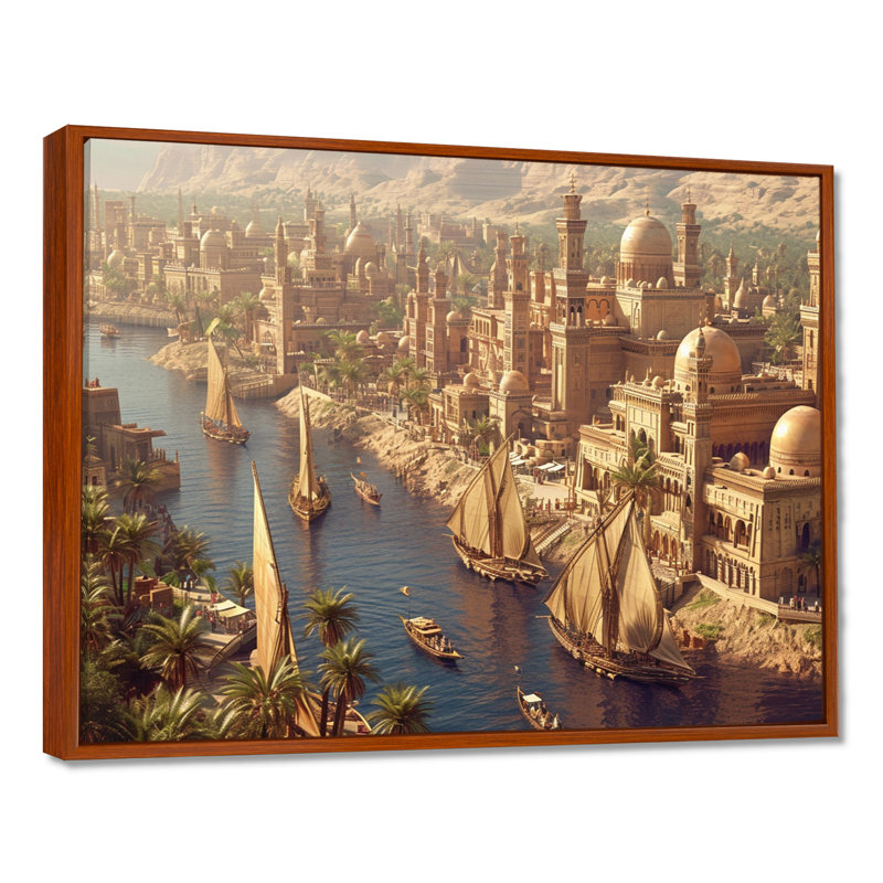 Voile de bateau sur le Nil en Égypte ancienne - Égypte, art mural, Cadre flottant brun, H 12 po x l 20 po