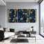 Plantes et fleurs, ensemble de 3 impressions sur toile à motif de voûte dorée florale bleue-1103626437