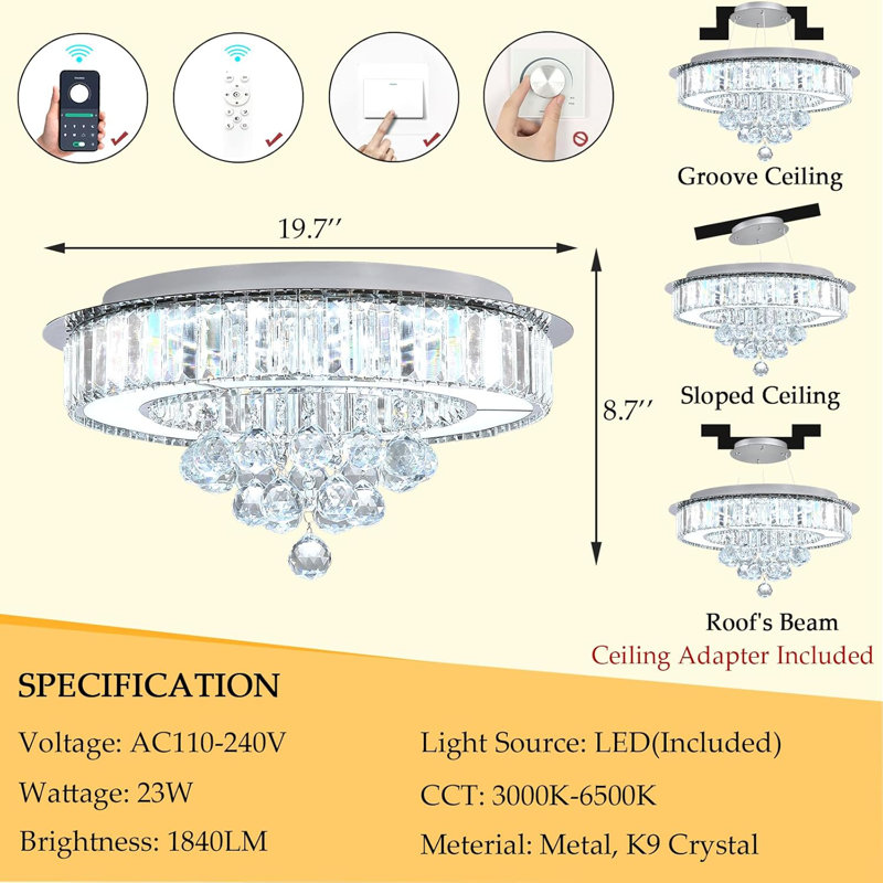 Glam Dimmable Crystal Chandelier, Silver
