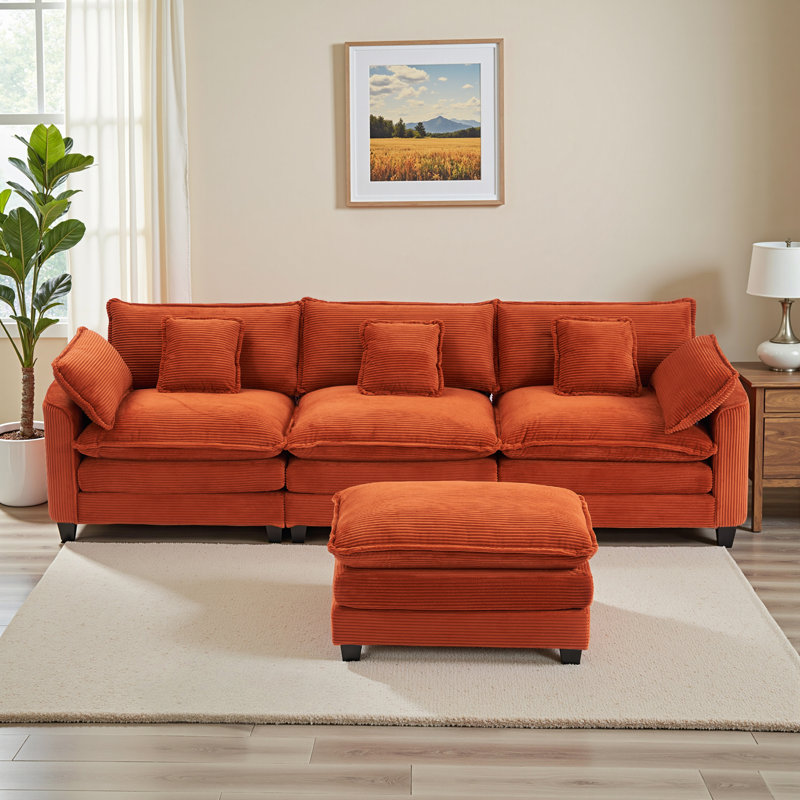 Canapé modulaire à 3 places en velours côtelé avec repose-pieds Corduroy, Velours côtelé orange