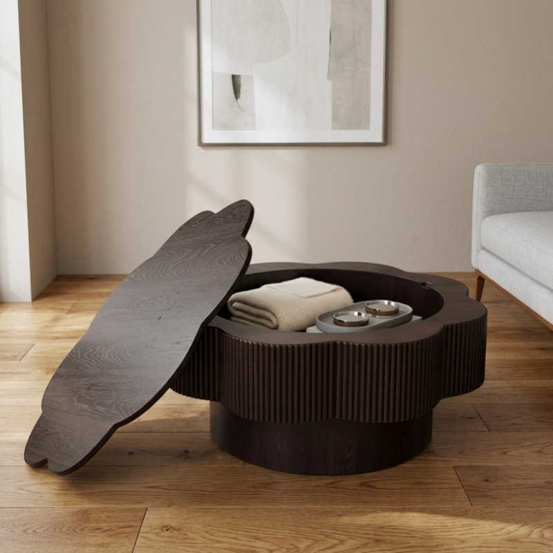 Table basse moderne en forme de fleur de prunier de 80,3 cm (31,6 pouces) avec rangement dissimulé, table d'appoint en placage de bois naturel pour salon ou appartement