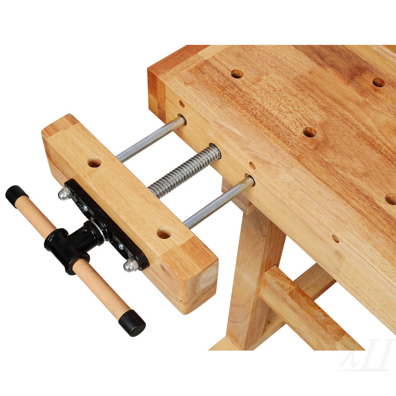 Solid Rubber Wood Workbench with Dual Integrated Vises & Bench Dog Holes for Woodworking Workshop