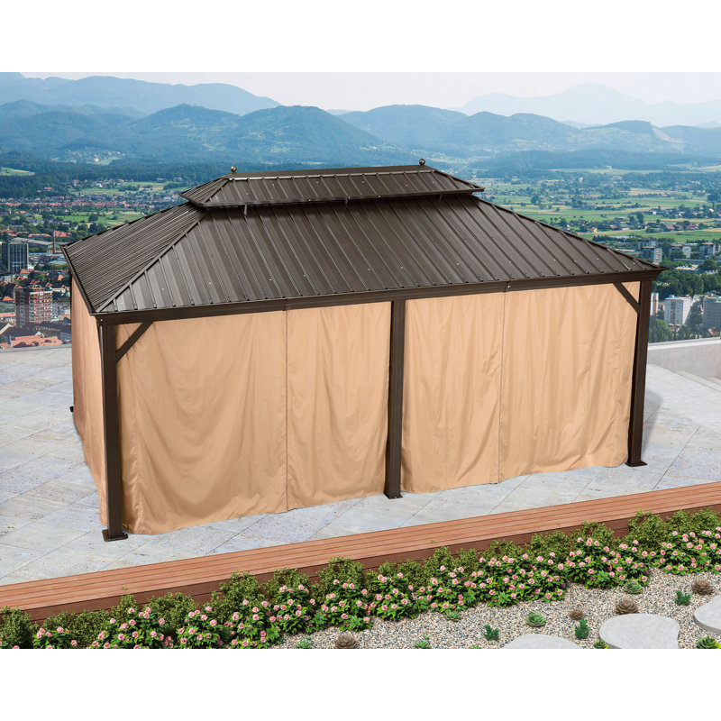 12' X 20' Outdoor Hardtop Gazebo with Galvanized Steel Double Roof, with 48 Ft String Lights, Netting and Curtains