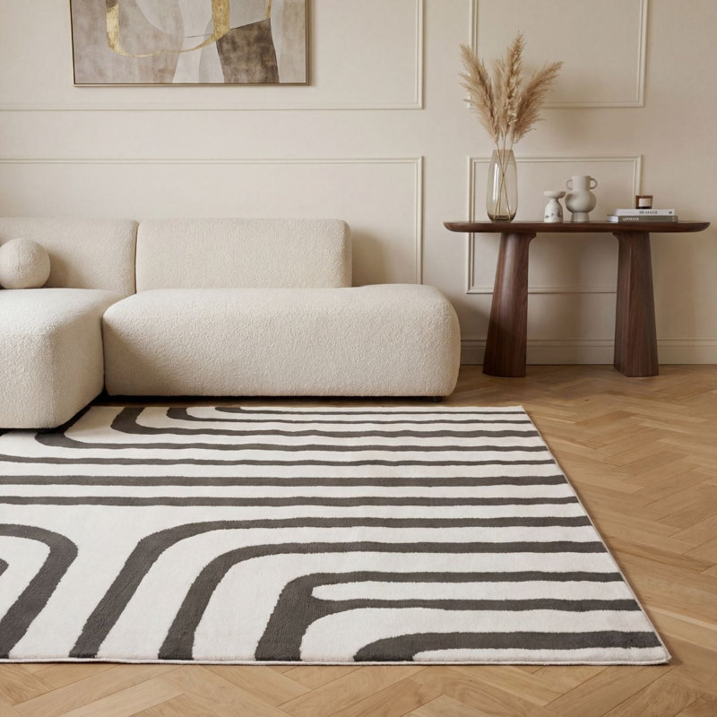 Loft Modern Curved Line Living Room Area Rug and Runner Soft Pile, Rectangle 200 x 290 cm, Dark Grey/Ivory