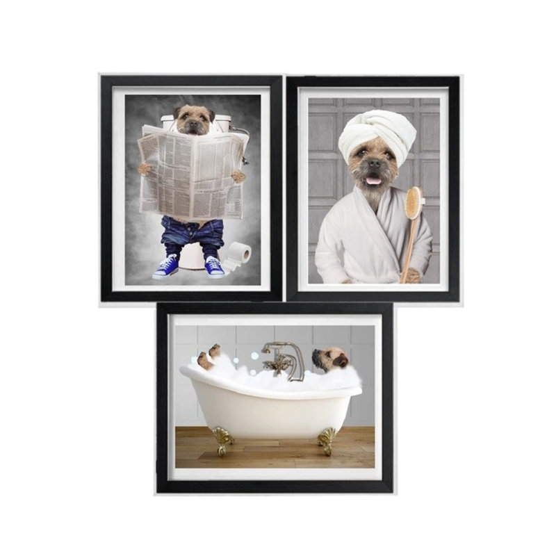 Set of Border Terrier Funny Bathroom Prints - Dog on Toilet - Animal In Bath