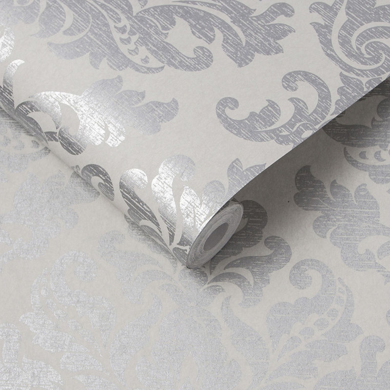 Damask Metallic Wallpaper Roll, Gris