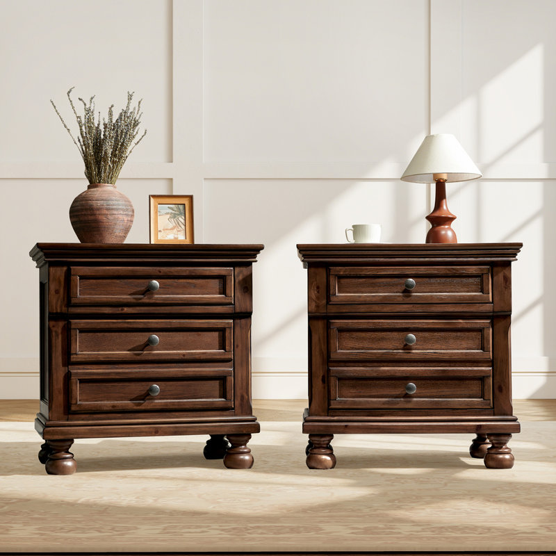Table de chevet 2 tiroirs 2 pièces en bois massif l 26 po, brun foncé, Dark Brown