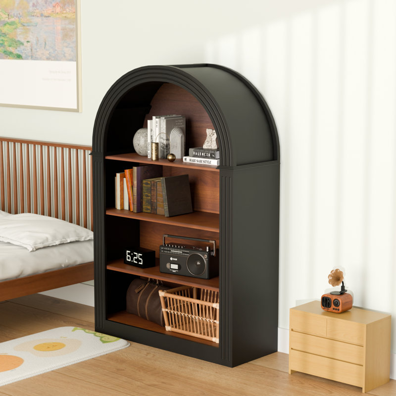 Bibliothèque, bibliothèque haute 4 tablettes, bibliothèque arquée en bois à plancher ouvert de 45,66 po, grand rangement pour bibliothèque, chambre à coucher et salon (noir)