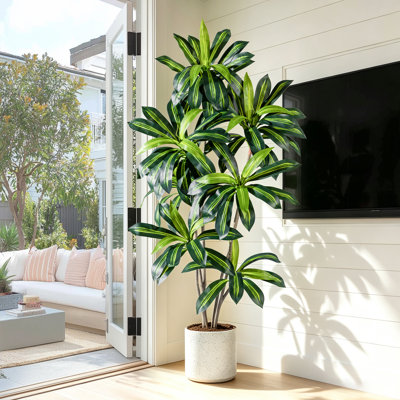 Arbre artificiel Dracaena de 1,80 m de haut avec pot blanc, plante d'intérieur réaliste résistante aux UV avec feuilles rayées, idéale pour le salon, la chambre à coucher, le bureau et la décoration intérieure et extérieure. Cadeau parfait pour l'Halloween, Noël ou Thanksgiving.