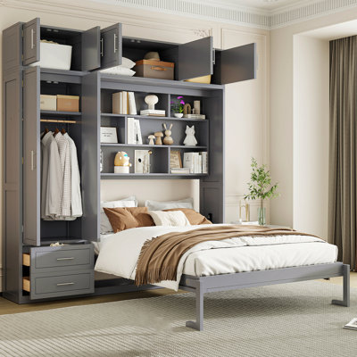 Lit escamotable mural avec bureau, armoire supérieure et tablettes de rangement, lit pliable peu encombrant