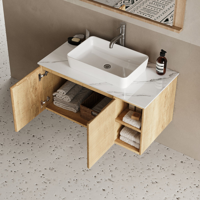 Meuble-lavabo simple mural de 30 po avec lavabo vasque en céramique, comptoir en pierre frittée et armoire en bois cannelé, finition chêne rétro, 2 portes à fermeture en douceur et tablettes ouvertes