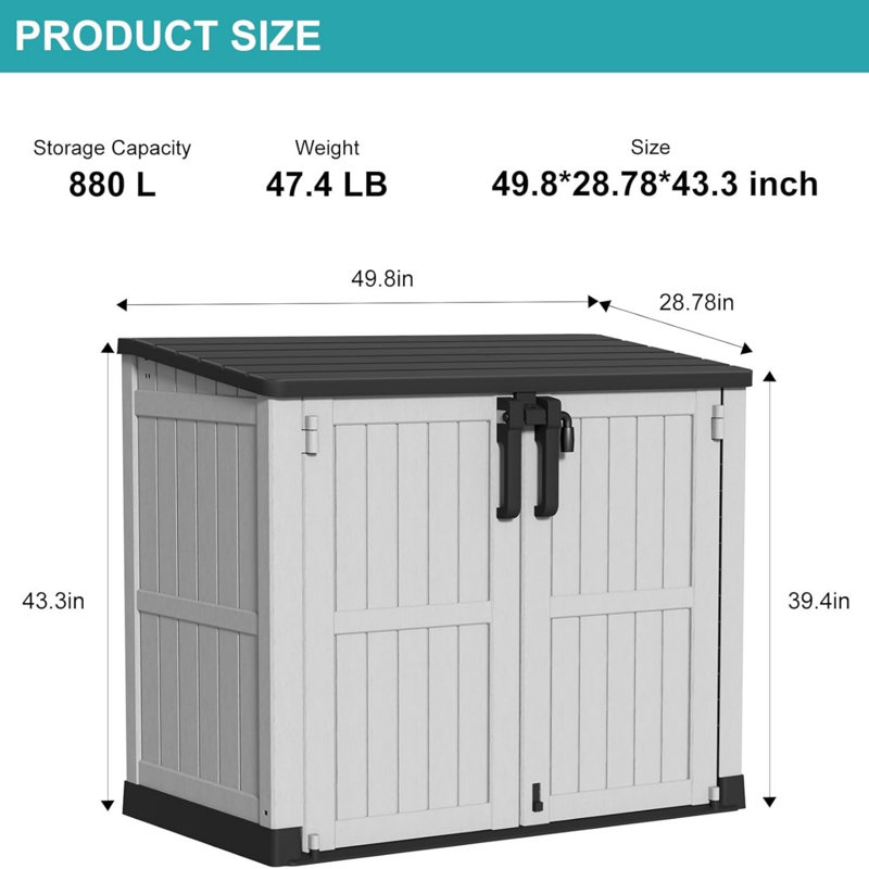Très grande armoire de rangement pour terrasse et jardin verrouillable 233 gallons pour terrasse et jardin, Noir et blanc