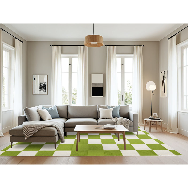 Machine Washable Checkered Beige Area Rug, Rectangle 8' x 10'