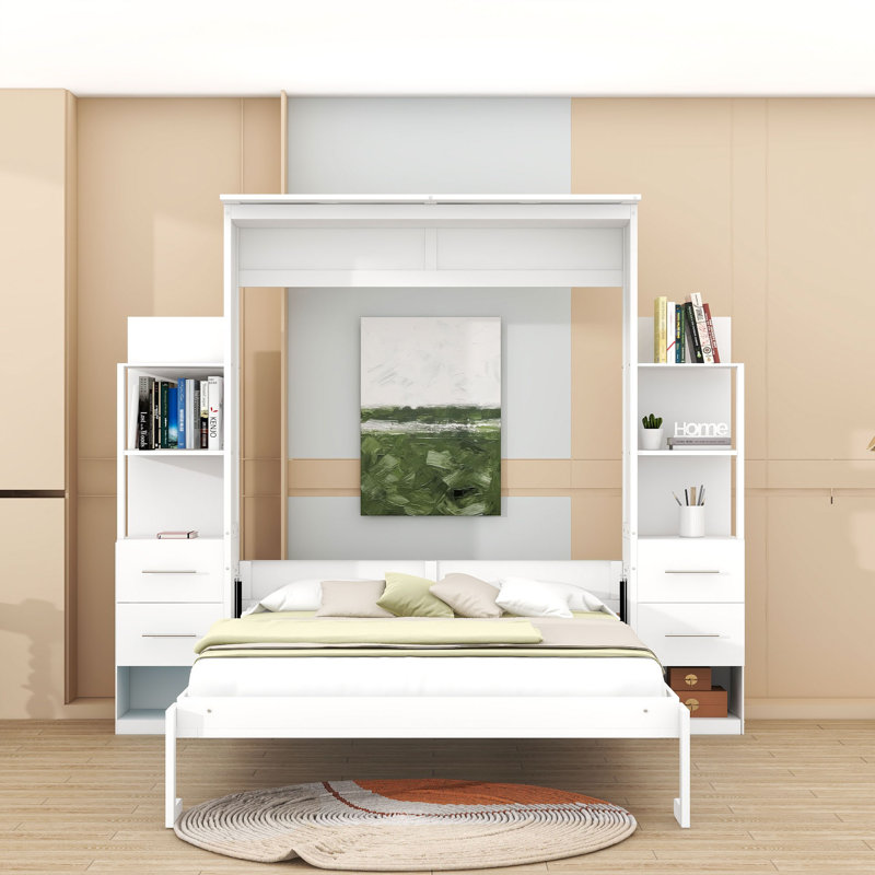 Lit escamotable polyvalent avec tablettes de rangement et tiroirs Sebatian, Blanc, Grand
