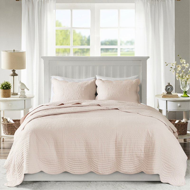 Courtepointe réversible en rosé - 3 pièces, bords festonnés, microfibre, rembourrage 90% coton, pièce de literie réversible, belle maison