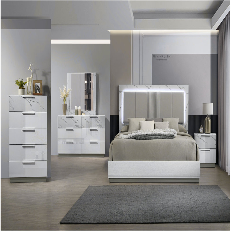 Commode Mist White - Finition bicolore très brillante en marbre et laque avec cinq tiroirs à glissement lisse