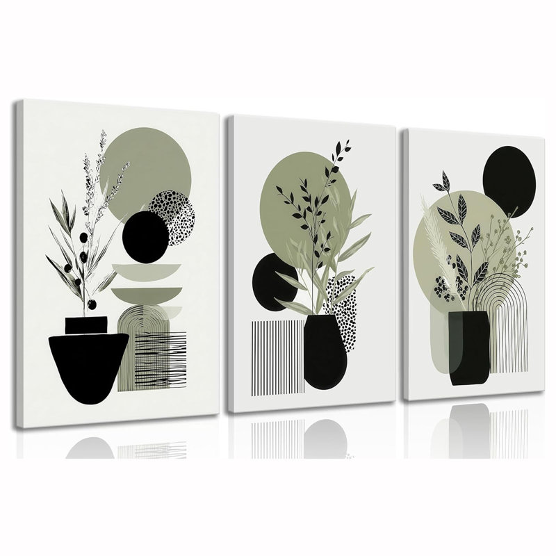 3 pièces d'art sur toile vert sauge Boho - peinture botanique abstraite moderne avec lignes géométriques, décoration murale verte minimaliste pour le salon, la chambre à coucher, le bureau, 12 po x 16 po
