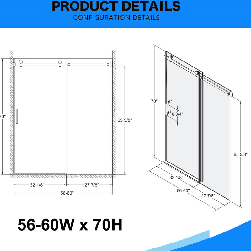 High Sliding Shower Door With 5/16"(8mm) & Tempered Glass, Double Side Easy Clean Buffer For Convenient Use 56" 60"w X 70"h Enclosure Thick Coat, Brushed Nickel Finish