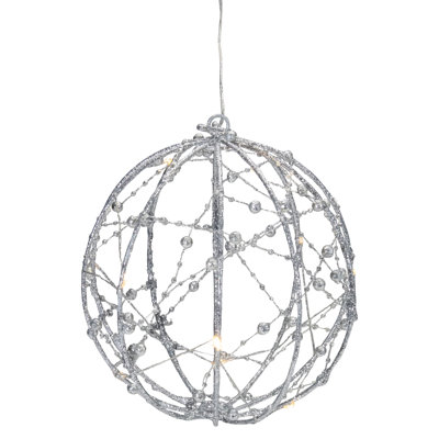 Décoration de Noël boule suspendue filaire argentée 8 "- lumières blanc chaud