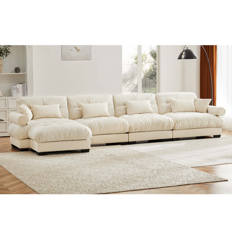 L Shaped Sectional Cloud Sofa , Convertible Deep 4 Seater Modular Couch For Living Room,Modern Velvet Comfy Upholstered Corner Couch Waist Pillows, Throw Pillows And Blostered Armrests
