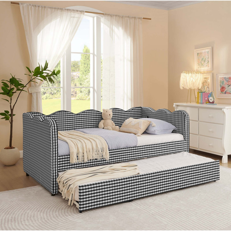 Cozy Gingham Daybed With Trundle Twin Size Sofa Bed No Box Spring Needed, With USB Port And Adorable Wave Shaped, Linen Fabric
