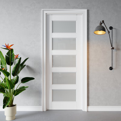 Interior 5‑Lite Frosted Glass Door, CARB P2 MDF & SGCC Tempered Glass Pocket Door, with Strengthen Solid Frame & Hardware Kit, Sliding Bedroom Door, Pre‑Finished & Waterproof, for Pantry, Bedroom, Bathroom & Closet, Easy DIY Stain, 28"x 80"