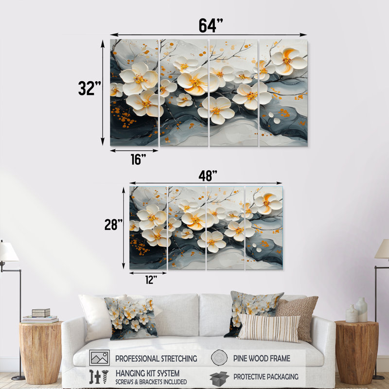 Fleurs de cerisier II - art mural fleur de cerisier - ensemble d'art mural traditionnel, 4, H 32 po x l 64 po