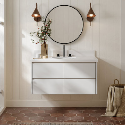   Setsuko 43 Inch Wall-Mounted Single Oval Sink Bathroom Vanity with Pure White Quartz Countertop 1.5 Inch in Warm White