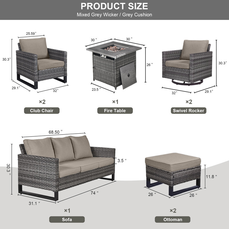 Ingvald Wicker 7 - Person Patio Conversation Set with Cushions, Gray