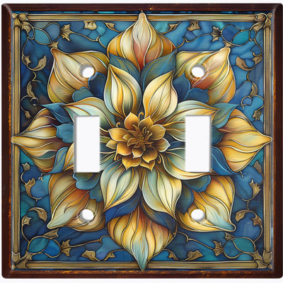 Metal Light Switch Plate Cover; US Standard Size 2 Gang Toggle - Lotus Flower Stained Glass Print