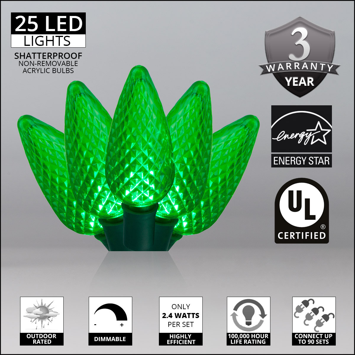 C9 LED Christmas String Lights, Green, 17' L, 25