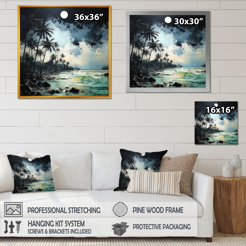 Paysage de palmier tropical - impressions sur toile nautiques et de plage, Cadre flottant doré, H 24 po x l 24 po x P 1 po