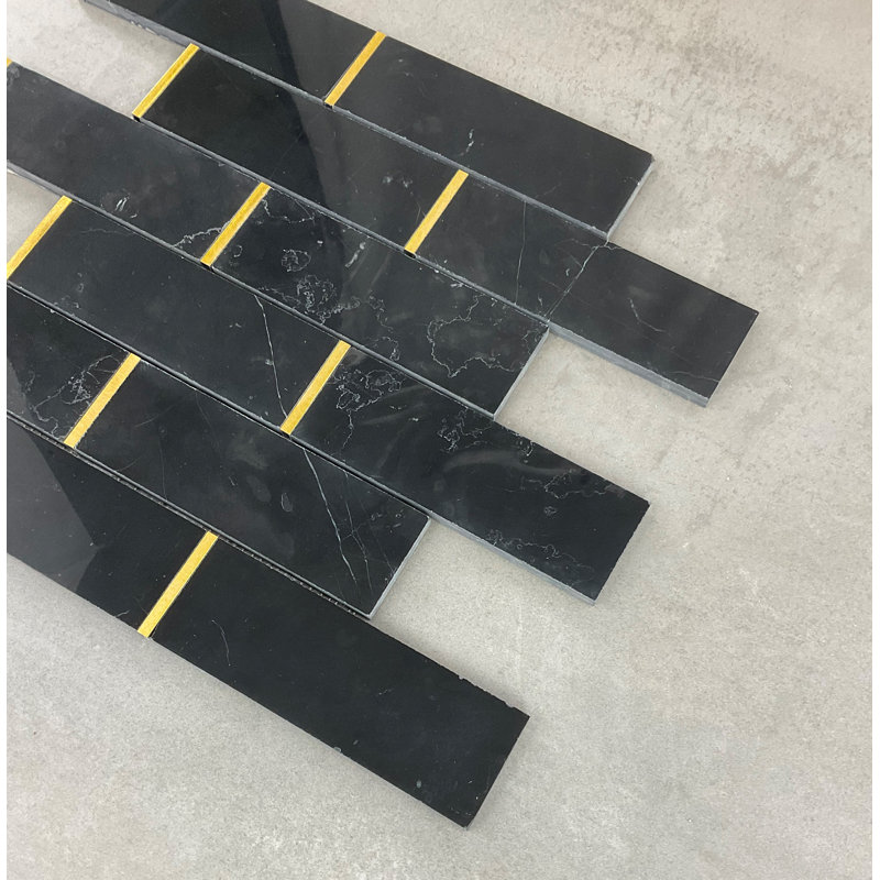 2" x 6" Marble  and Metal Mosaic Brick Pattern Wall & Floor Tile, Nero Marquina/Gold
