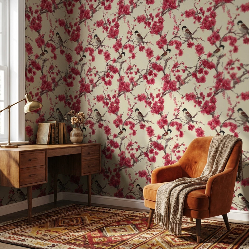 Papier peint amovible floral avec oiseaux, Peler et coller